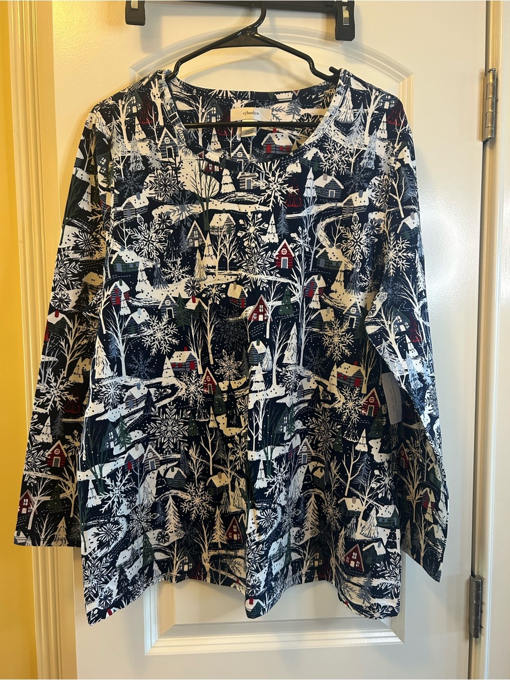 Christopher & Banks Navy White Red Winter Village Print Blouse